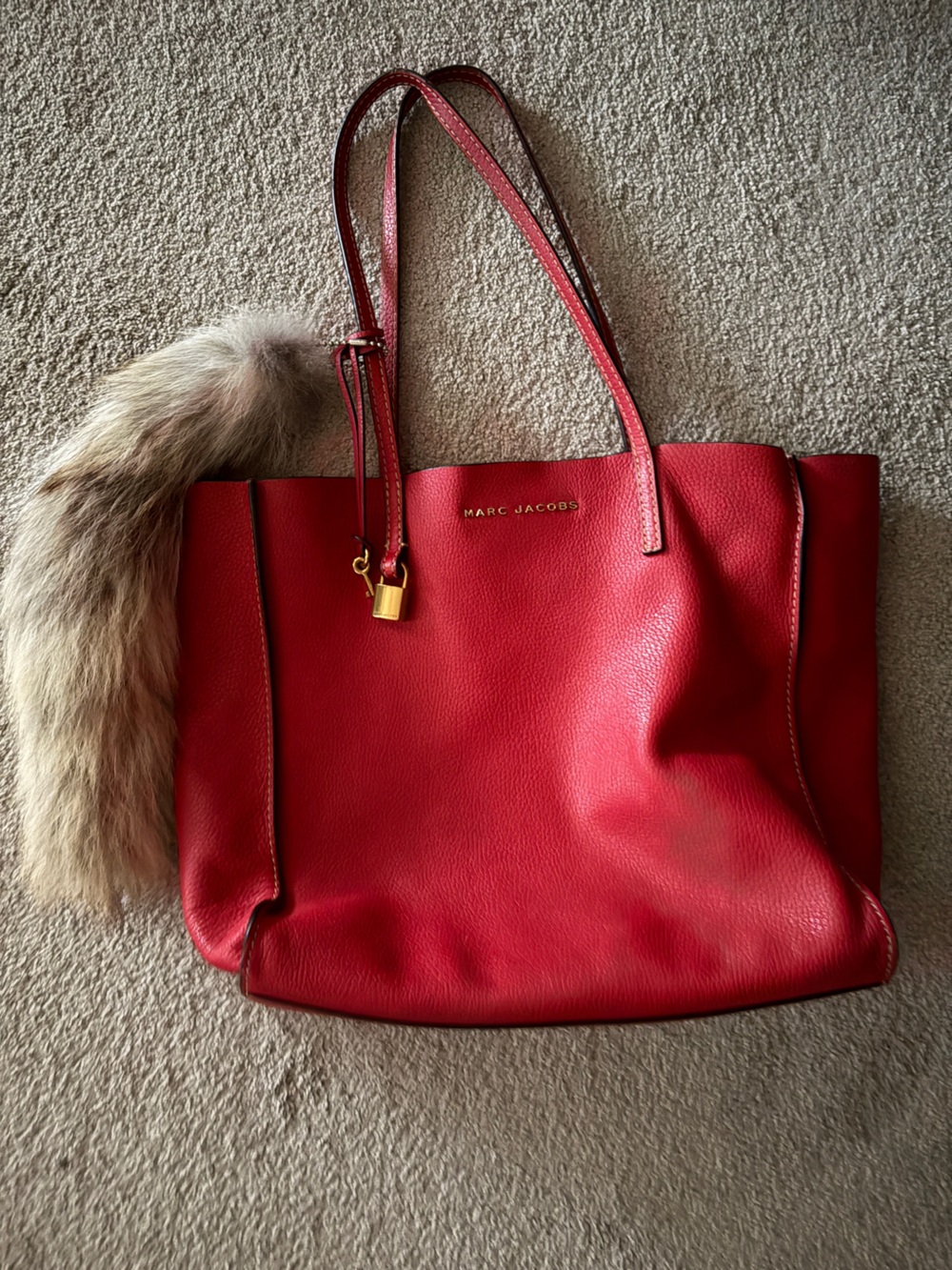 Marc Jacobs Red Pebbled Large Grind Leather Tote with Gold Accent